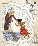 The Serat Selarasa is perhaps the earliest finely-illustrated Javanese manuscript extant. The manuscript is dated 1804, and according to a note in the text was once owned by the wife of a Dutch East India Company official in Surabaya.<br/><br/>In this image Prince Selarasa kneels before a holy man, Kiai Nur Sayid, who has stayed in one place for so long, neither eating nor drinking but smelling flowers and praying to God, that a vine has grown up around his body.
